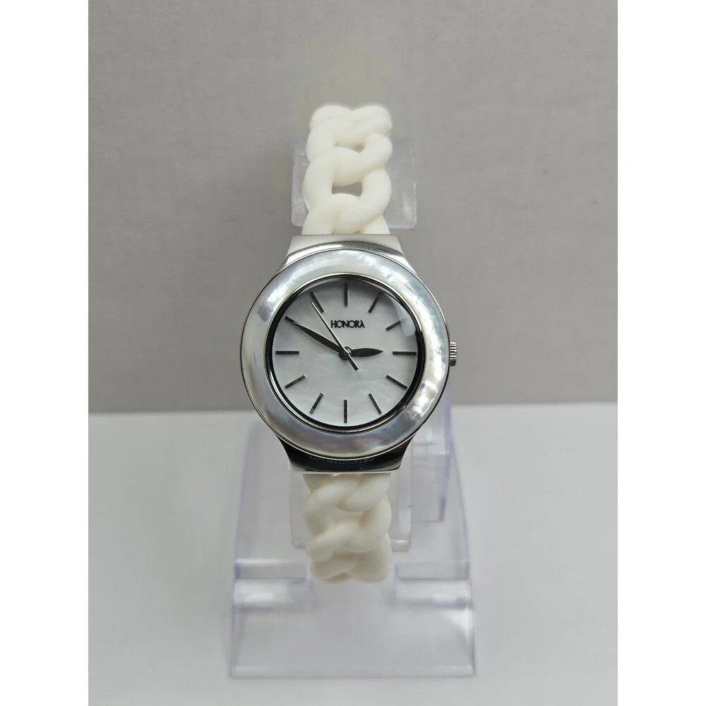 Honora Womens Mother Of Pearl White Silicone Quartz Watch Silver New Battery